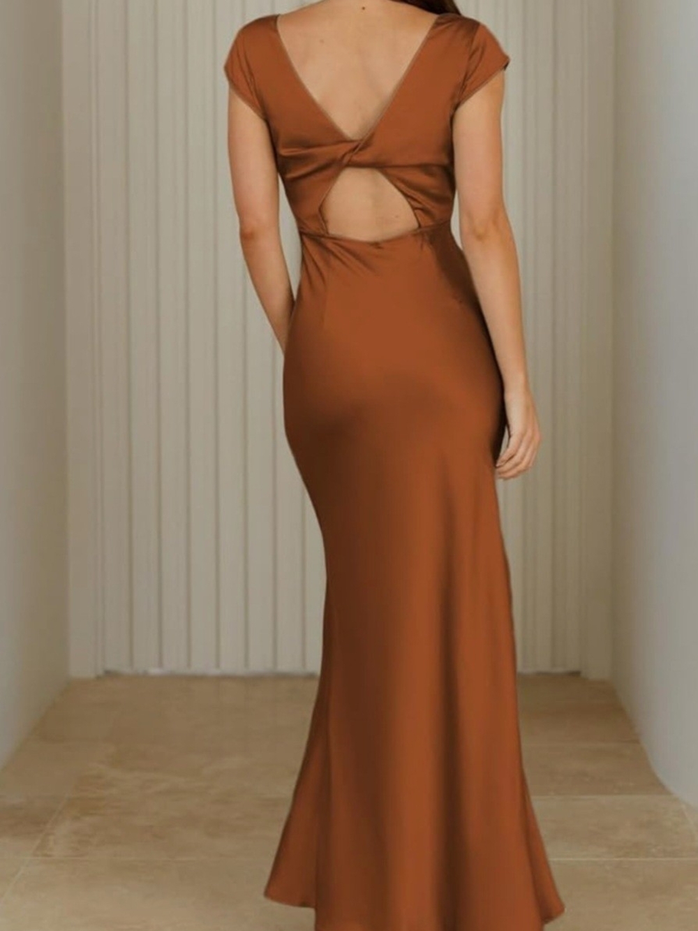 Rust Brown Cap-Sleeve Cutout Maxi Dress